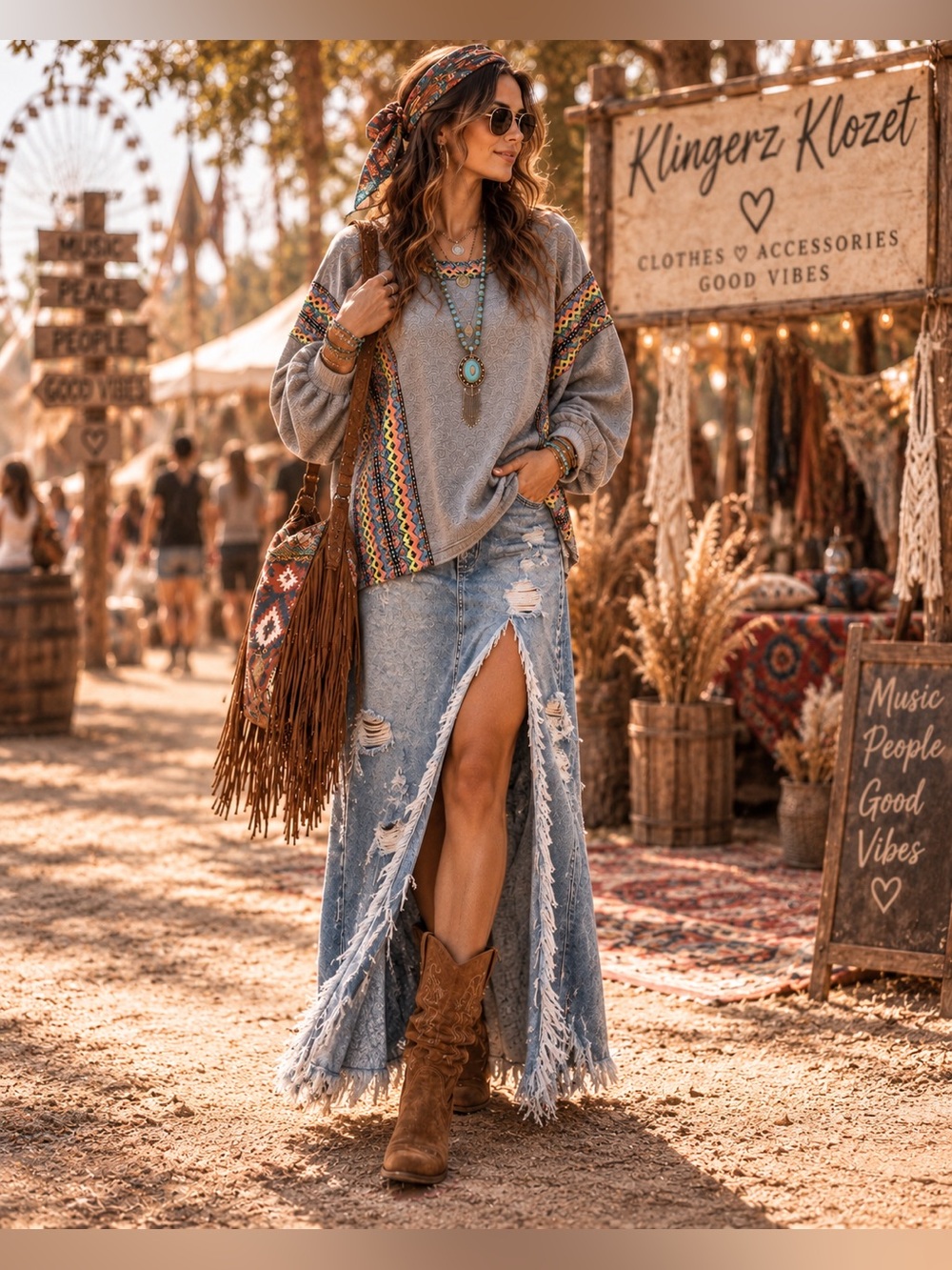Coco + Carmen S/M Oversized Boho Embroidered Gray Sweatshirt Festival Hippie Top